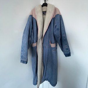 Fleece Lined Button Down Long Denim Jacket Overcoat (Size large)